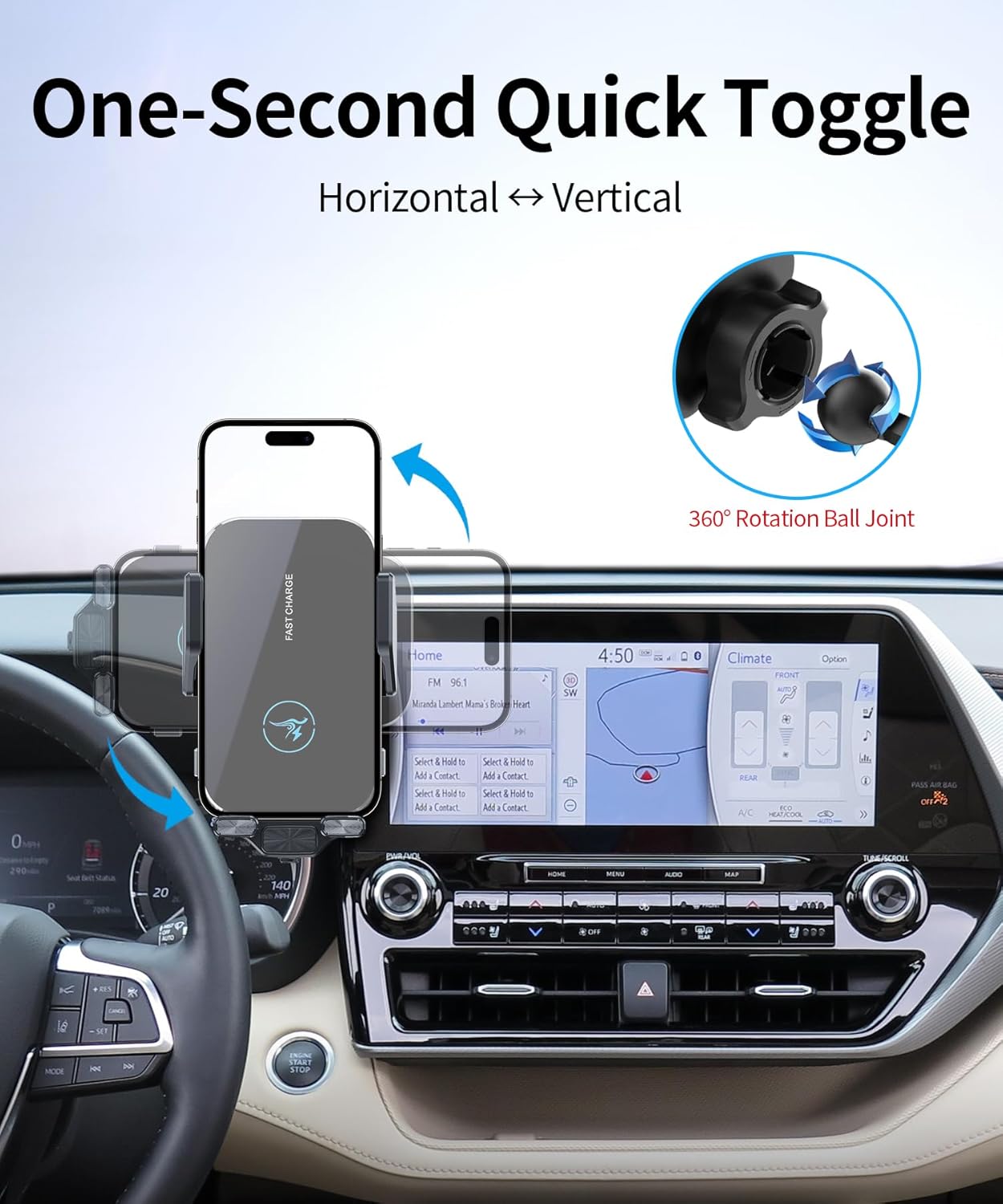 15W Wireless Fast Charger for Toyota Highlander/Hybrid 2020-2026 Accessories 8/12.3-inch Screen Fixed Clip, Auto Accessories Navigation Bracket, Interior Decoration Mobile Phone Mount