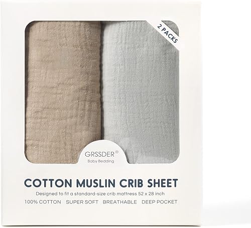 Miniatura 2 de GRSSDER Juego de 2 sábanas de muselina suave para cuna, 100% algodón para niños y niñas, se adaptan a colchones estándar de cuna de 52 x 28