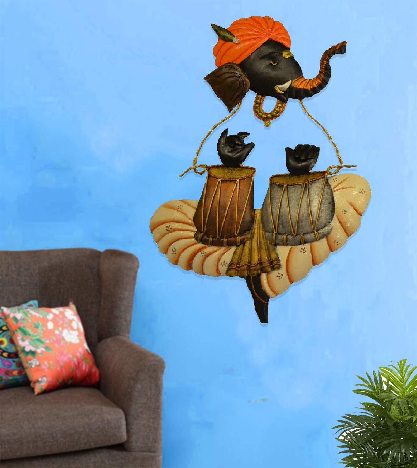 Karigaari India Wrought Iron Ganesha Playing Tabla Wall Hanging - Image 2 thumbnail