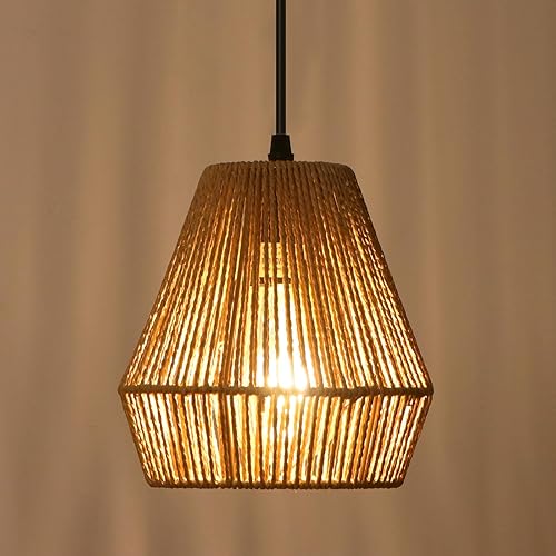 Miniatura 6 de Paquete de 2 luces colgantes de ratán tejido, 7 pulgadas, lámparas colgantes bohemias con pantalla de jaula tejida a mano, iluminación colgante