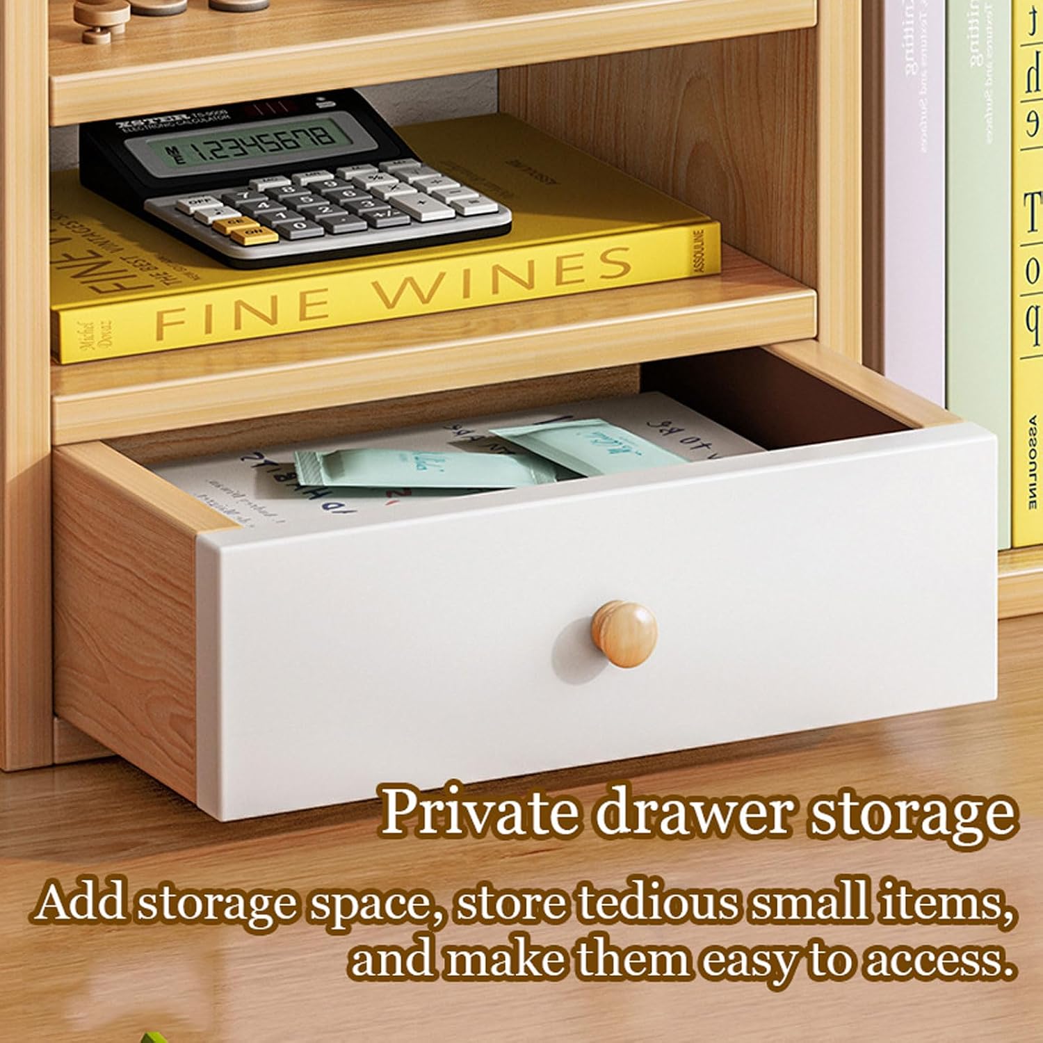 Bookshelf for Desk, Desktop Organizer with Drawer,Office Desk Organizers and Accessories Storage Home Decor Display for Gifts (Wood Color 24cm + Drawer) image 4