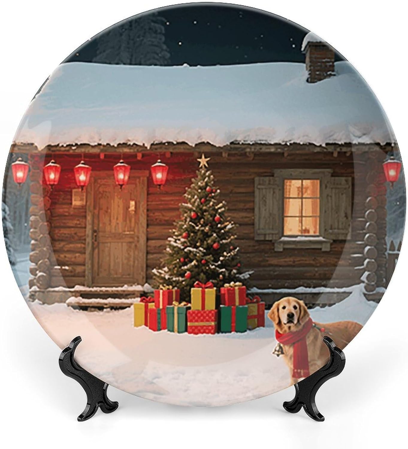 Christmas House Decorative Plates Bone China Plates with Stand for Display 10inch Round Ceramic Dinner Plates Dessert Plate for Kitchen Party Coffee Table Decor Art