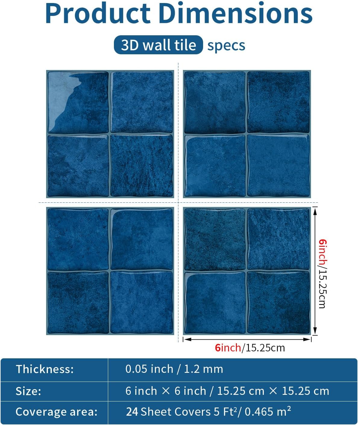 24 Sheets Thicker Peel and Stick Backsplash Tile, 6x6-3D Self-Adhesive Square Mosaic Subway Checkered Vinyl Wall Tiles for Bathroom, Kitchen, Living Room - Blue