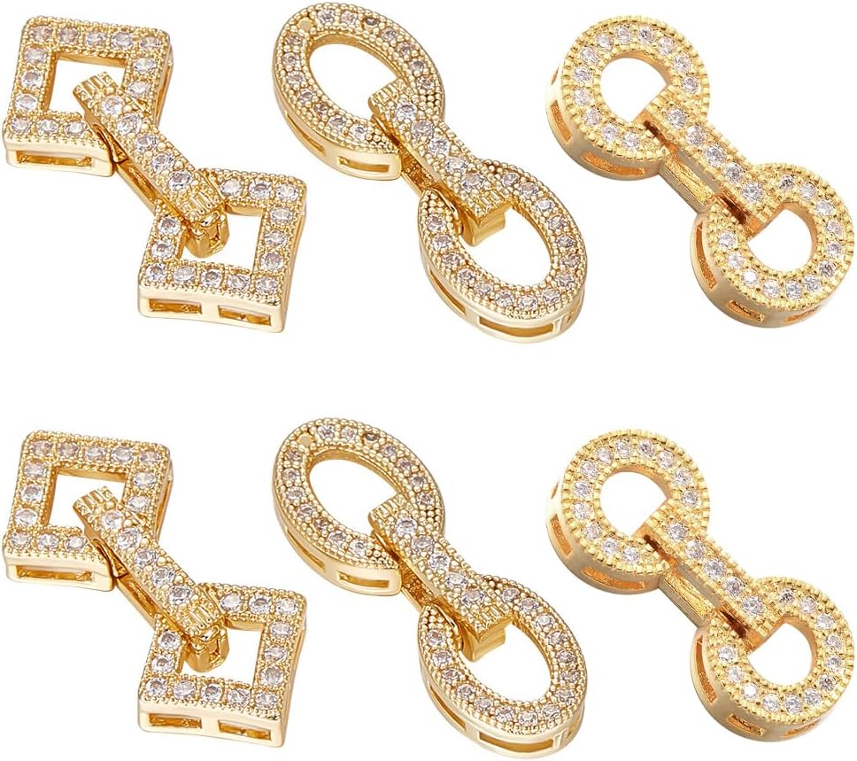 Beebeecraft 1 Box 6Pcs Fold Over Clasps 18K Gold Plated Brass Cubic Zirconia Necklace Clasps 3 Style Gold Clasps Necklace Pendant Charms with Loop for Bracelet DIY Jewelry Crafts Making