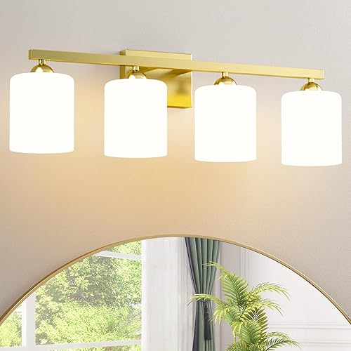 Miniatura 116 de Quntis Lámparas de baño negras de 4 luces con 5 modos de color, lámpara de tocador moderna regulable de 27 pulgadas sobre espejo, lámpara de pared