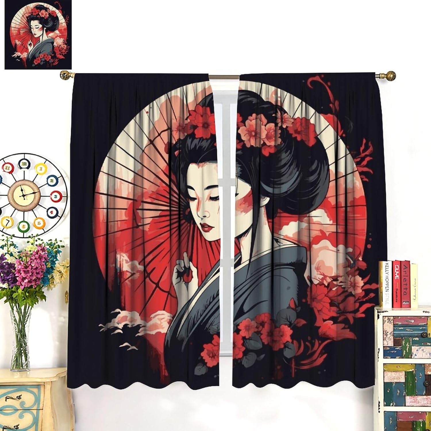Decorative Blackout Curtains Cherry Blossom Blooming Sea Waves Japanese Women in Kimono Traditional Japanese Tattoo Style Bedroom Living Room Blackout Curtains Decorative 42x45in