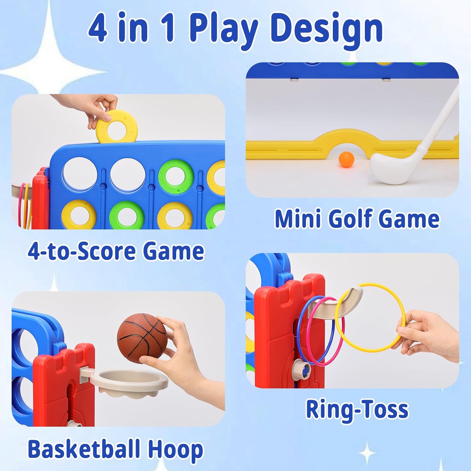 Giant 4-in-A Row Connect Game Set, Height Adjust Jumbo Yard Game for Kids & Adults w/Mesh Catching Bag, Basketball Hoop, Ring Toss & Mini Golf, Family Party 4-to-Score Indoor/Outdoor Games