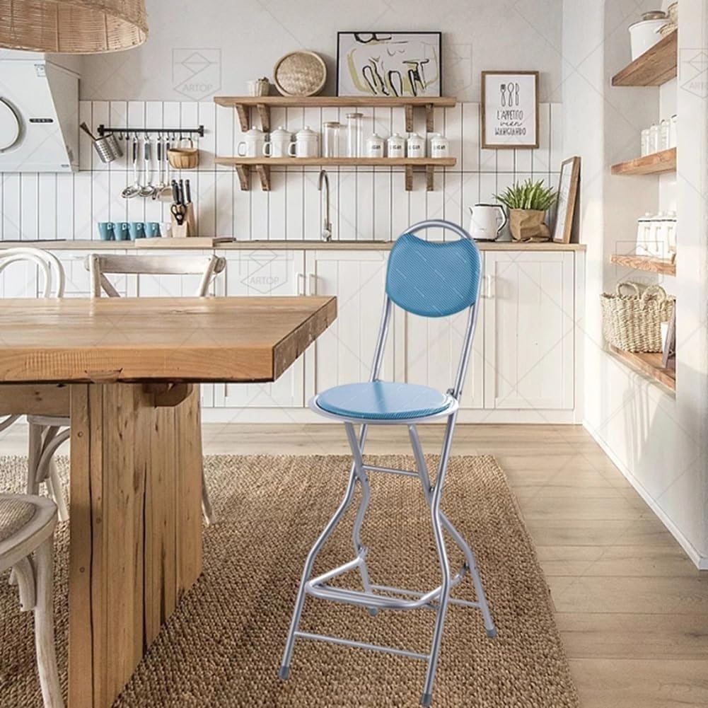 Folding Stool with Back Leather Padded High Bar Chairs for Adults Installation Free Front Desk Bar(Blue)