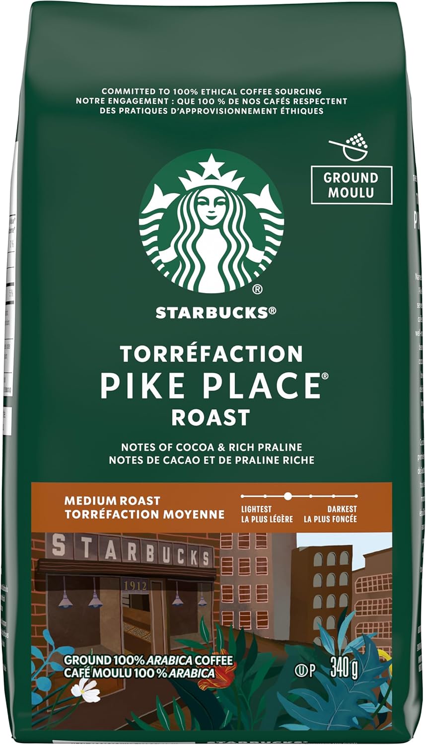 STARBUCKS Pike Place Roast Ground Coffee, Medium Roast, Smooth, Well-Rounded Blend Of Latin American Coffee Beans, 340g Bag