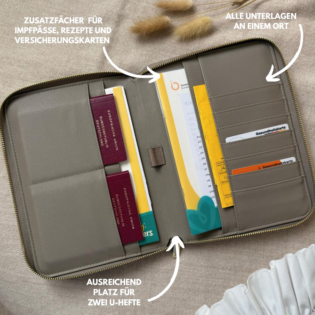 Organizador de Documentos de Viaje Familiar 3 en 1, portadocumentos y Porta pasaportes, Gran Capacidad para cartilla Sanitaria y Papeles, Polipiel Efecto Saffiano (Gris-Marrón)