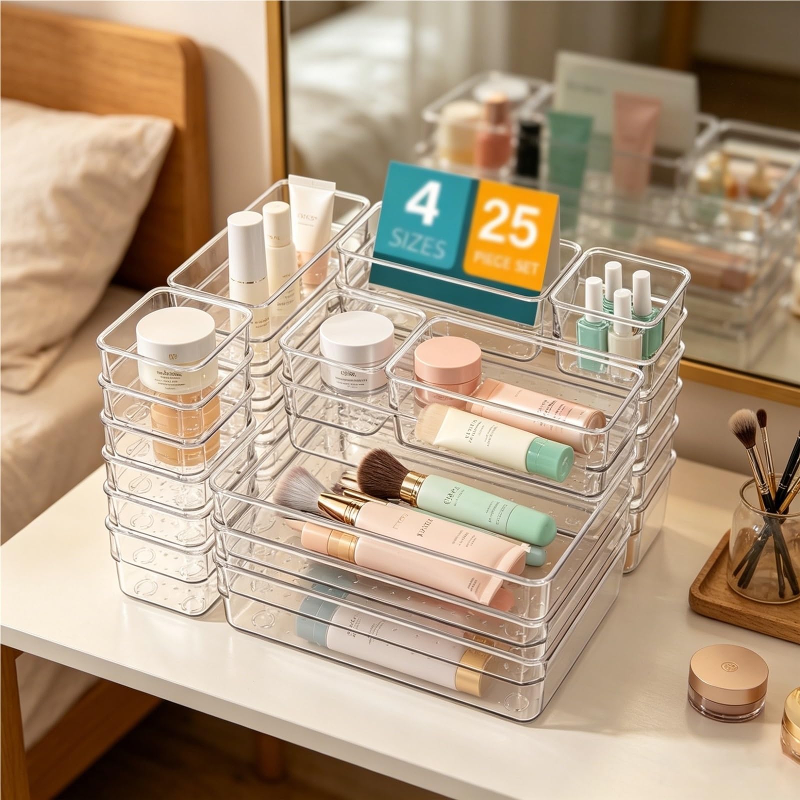 TYNGBT Small Drawer Organizer Set, 25 Pcs Clear Plastic Storage Bins, Dividers for Small Items, Accessories, Jewelry, Office Supplies and Gadgets