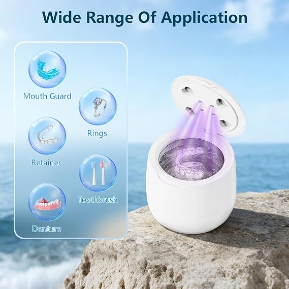 Ultrasonic Denture Cleaner Machine,Portable 42kHz with UV Light False Teeth Cleaner for Retainers, Aligners, Dentures, Mouthguards, Braces, Jewelry - One Button Operation, white | Ultrasonic Cleaning