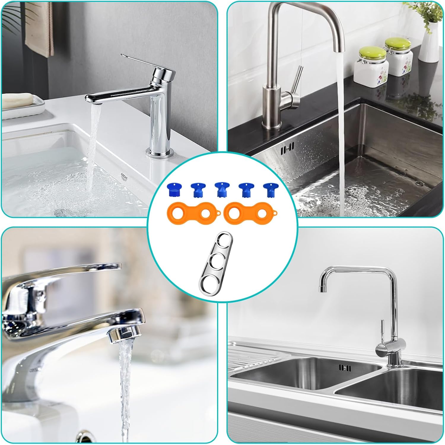Perlator Key Water Tap Key, Water Tap Strainer Aerator M18 Strainer Water Tap Attachment 8 Piece Set with 6 Different Sizes and 2 Orange Handles, Tool for Kitchen Bathroom Instal