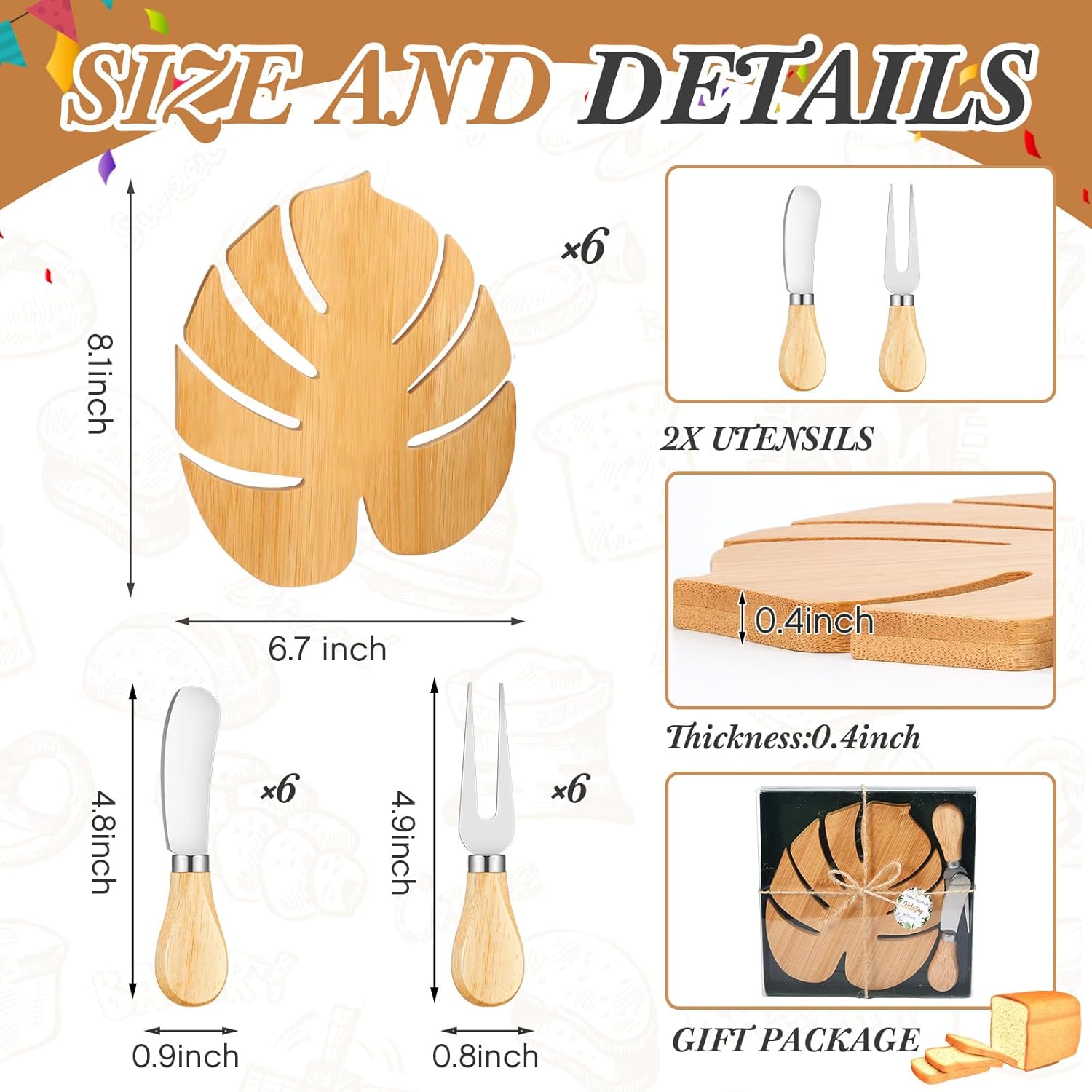 Ziliny 6 Sets Hawaiian Luau Charcuterie Board for Party Decoration,Tropical Small Cutting Cheese Board with Knives and Forks for Baby Shower Summer Beach Birthday Party (Palm Leaf)