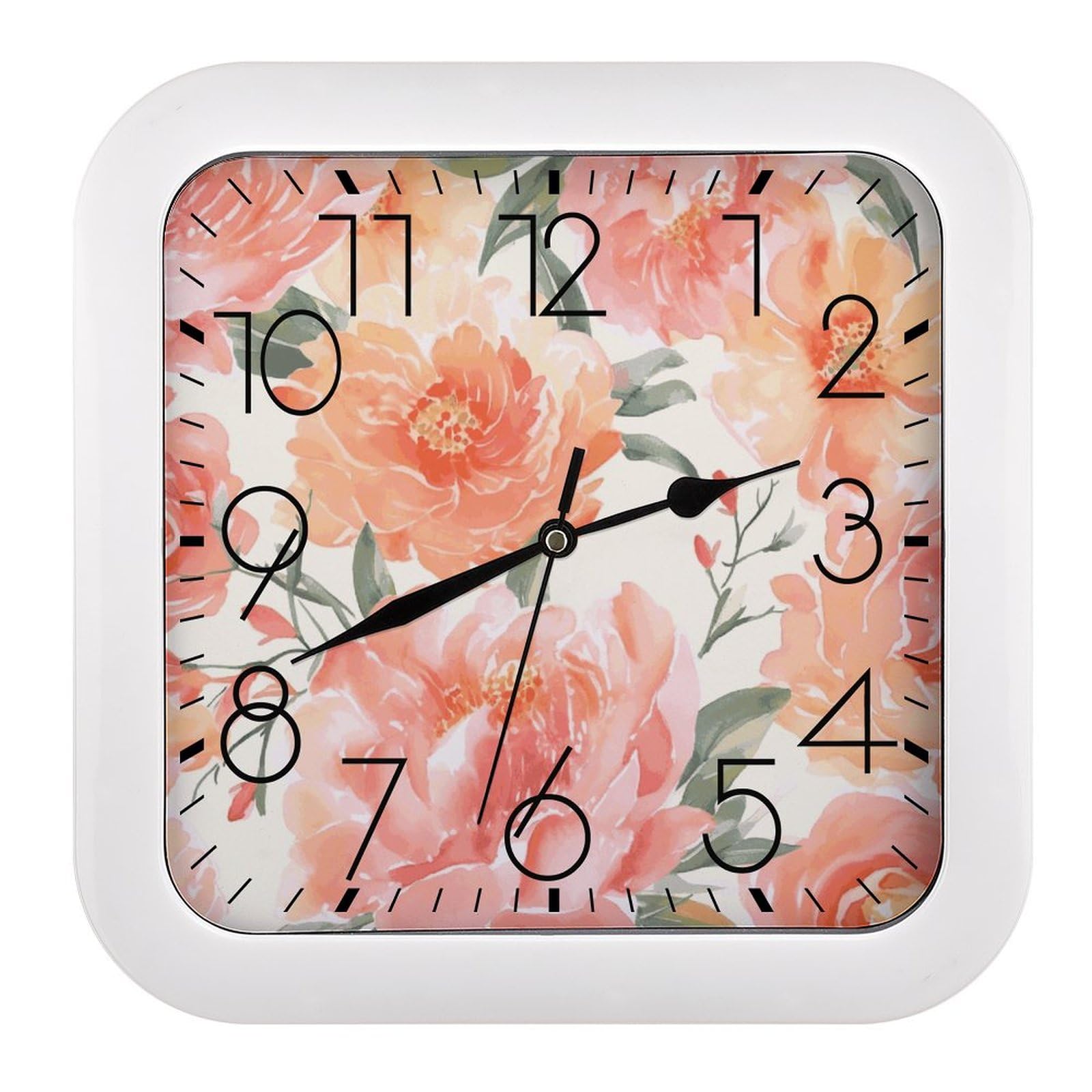 Horloge murale carrée pivoine de 25,4 cm silencieuse à piles pour salon