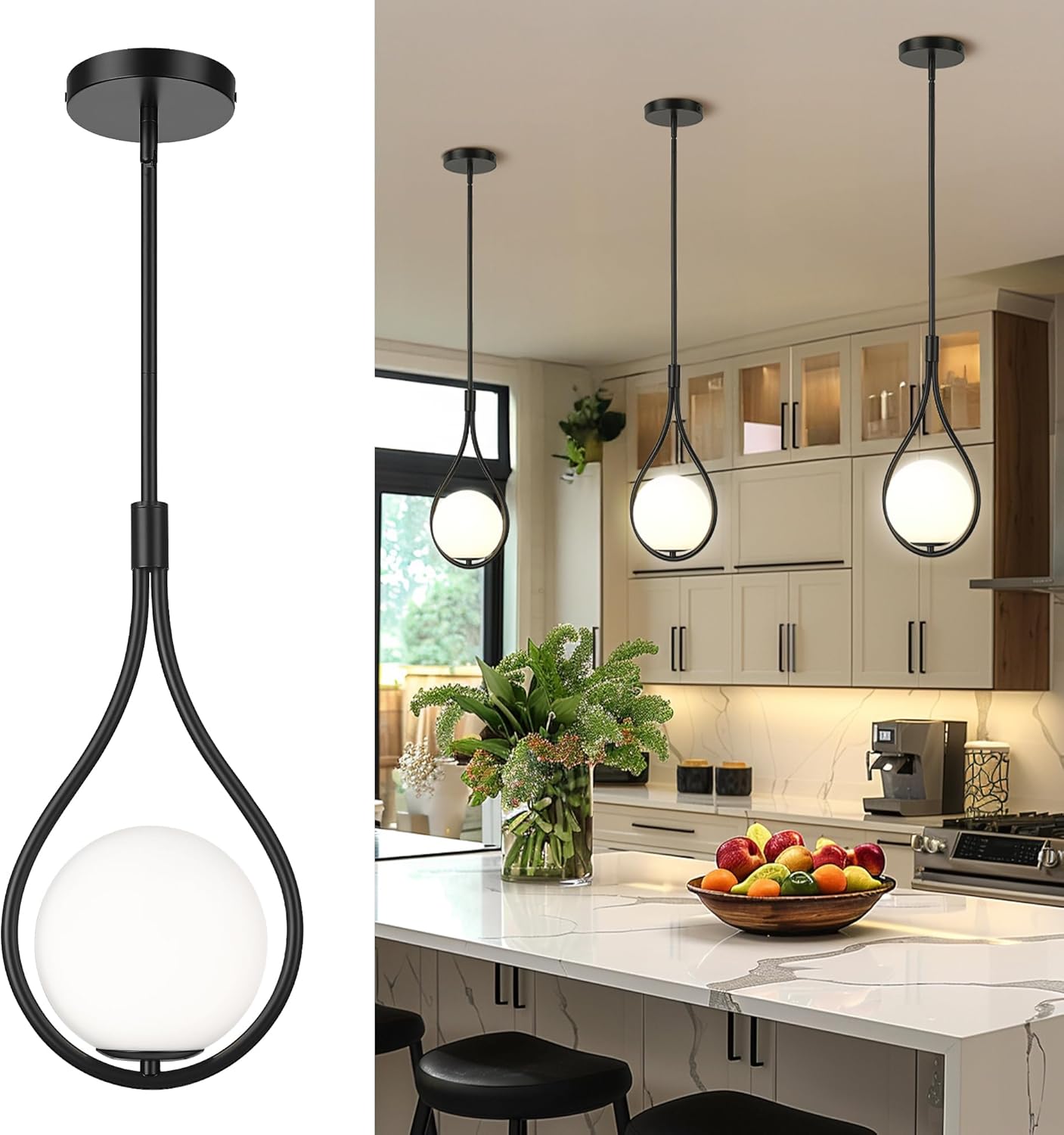 AUTELO Black Pendant Lights Kitchen Island, 1-Light Pendant Lights with Milky White Globe Glass, Modern Pendant Light Fixtures, Black Hanging Lamp for Kitchen Island H9377 MGBK Matte Black -TearDrop Milky White Glass 1 pack