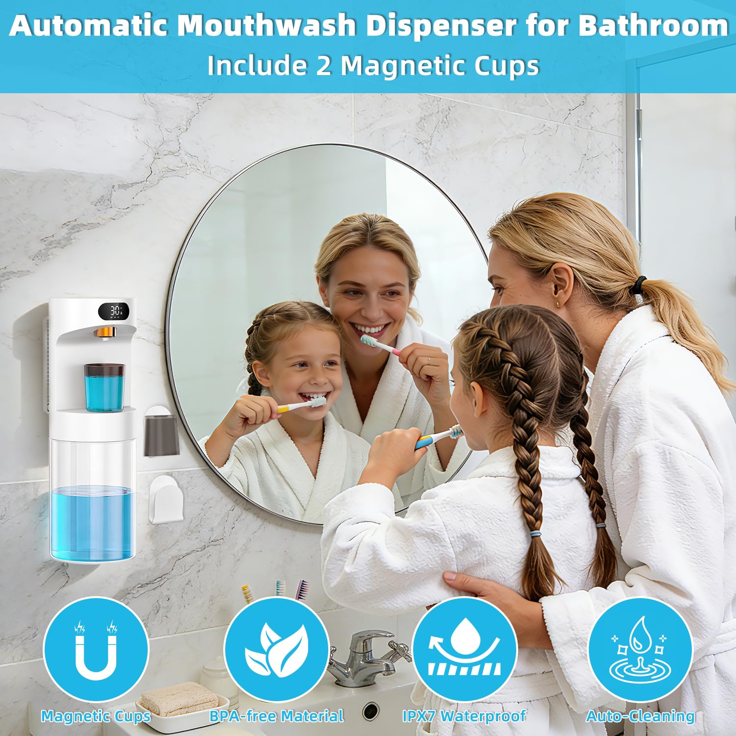 Distributore automatico di collutorio per bagno, 2000 mAh, erogatore elettrico touchless per collutorio con tazze magnetiche, dispenser da parete da 590 ml, dispenser collutorio per bambini e