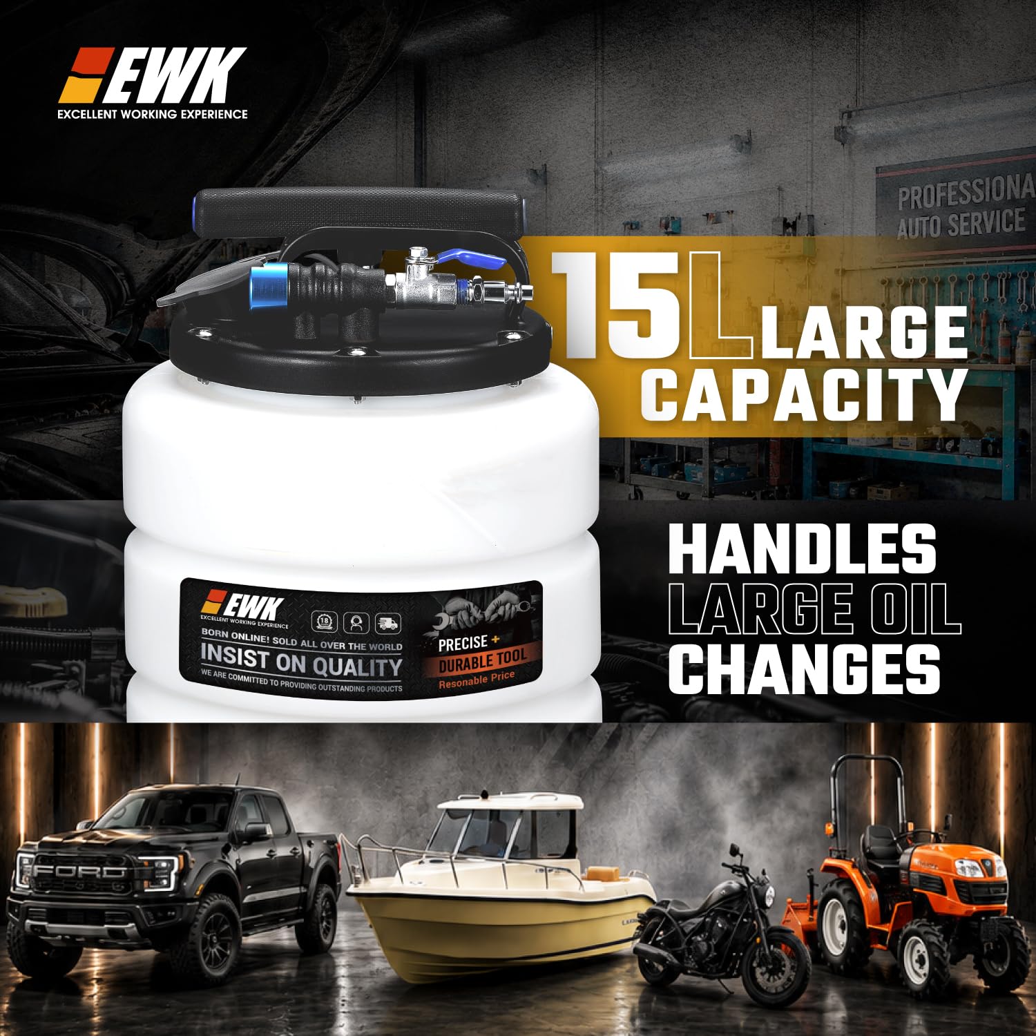 EWK Bomba extractora de aceite neumática/manual de 15 L, evacuador de líquido para cambio de aceite, herramienta de evacuación de vacío de gran capacidad para coches, camiones y maquinaria agrícola
