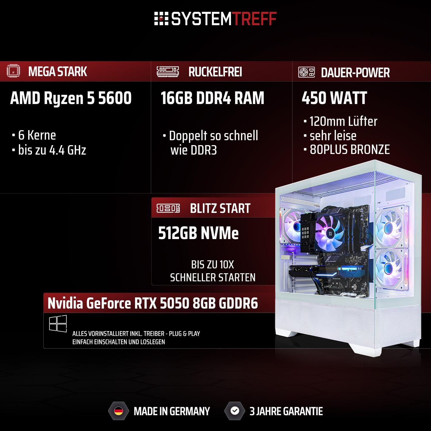 SYSTEMTREFF Gaming PC - AMD Ryzen 5 5600 - RTX 5050 8GB GDDR6 | AMD 6-Kern CPU bis 4.4 GHz, 16GB DDR4, 512GB M.2 NVMe SSD, Nvidia Grafik WLAN, Windows 11, für Gaming, Streaming