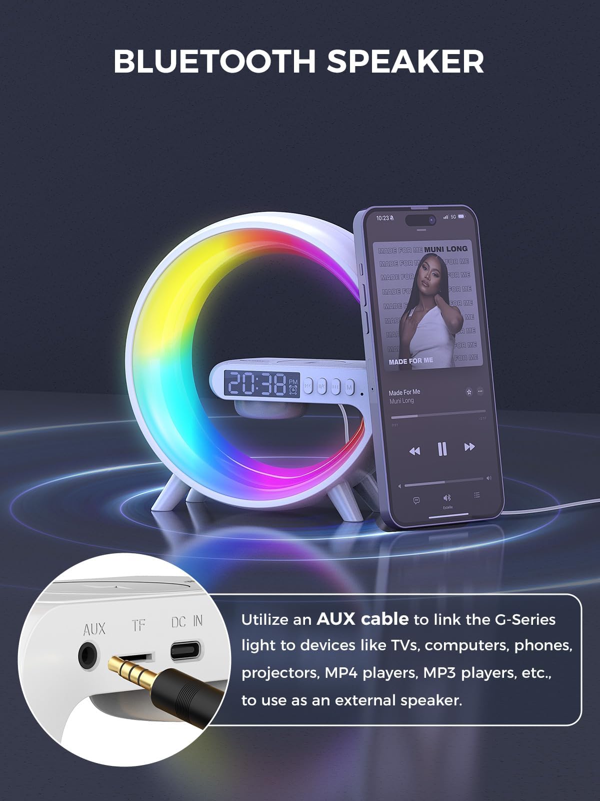 Smiling Shark Despertador Luz, Atmósfera Lampara Cargador Inalámbrico con Altavoz Bluetooth Botón Control 10 Modo de Luz Amanecer Simulación Inteligente LED Luces de Despertador para Decoración Hogar