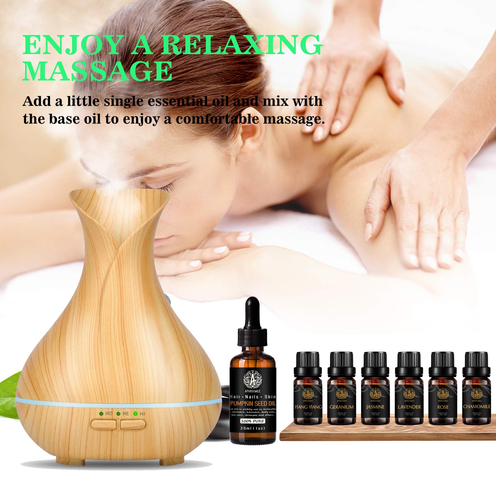 Aromaterapia jazmín aceite esencial set con aceite portador para masaje, 100% puro semilla de calabaza Aceite esencial,7x10ml 100% puros rosa aceites set-lavanda,geranio,ylang ylang,manzanilla aceites