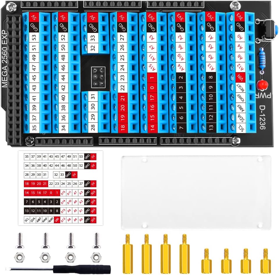 GeeekPi Screw Terminal Block Breakout Board HAT with Reset Button and LED Indicator, GPIO Expansion Board Breakout Module for Arduino MEGA 2560 R3