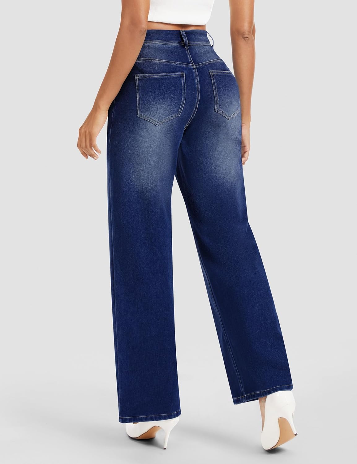 AVAMO Wide Leg Jeans Woman Stretchy Pull on Sweatpant Jeans for Women Elastic High Waisted Straight Leg Baggy Denim Pants