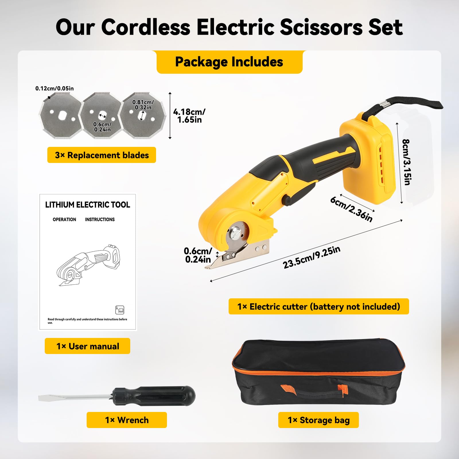 Elektrische Schere Karton Rollschneider Kompatibel mit Dewalt 18V/20V, Rollschneider mit 3 Ersatzklingen 6mm Schnitttiefe für Stoff, Karton, Leder, Teppich (Gelb für Dewalt)