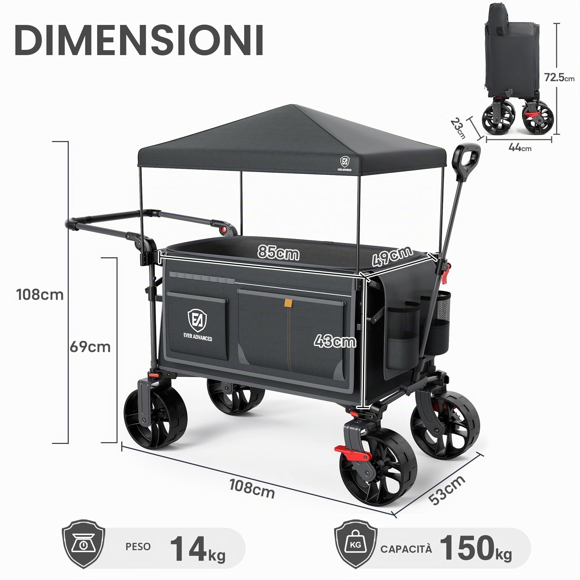 EVER ADVANCED Carrello XXL pieghevole da 225 l fino a 150 kg con freno, carrello scorrevole e tirato, pieghevole, 20 x 8 cm, ruote di larghezza per campeggio, spiaggia, shopping animali