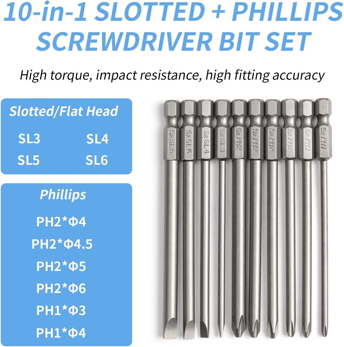 Long Screwdriver Bit Set, 10 PCS Magnetic Slotted Phillips Drill Bit Set, 1/4 Inch Hex Shank 4 Inch/100 mm, S2 Steel for Power Screwdriver Drill Impact Driver