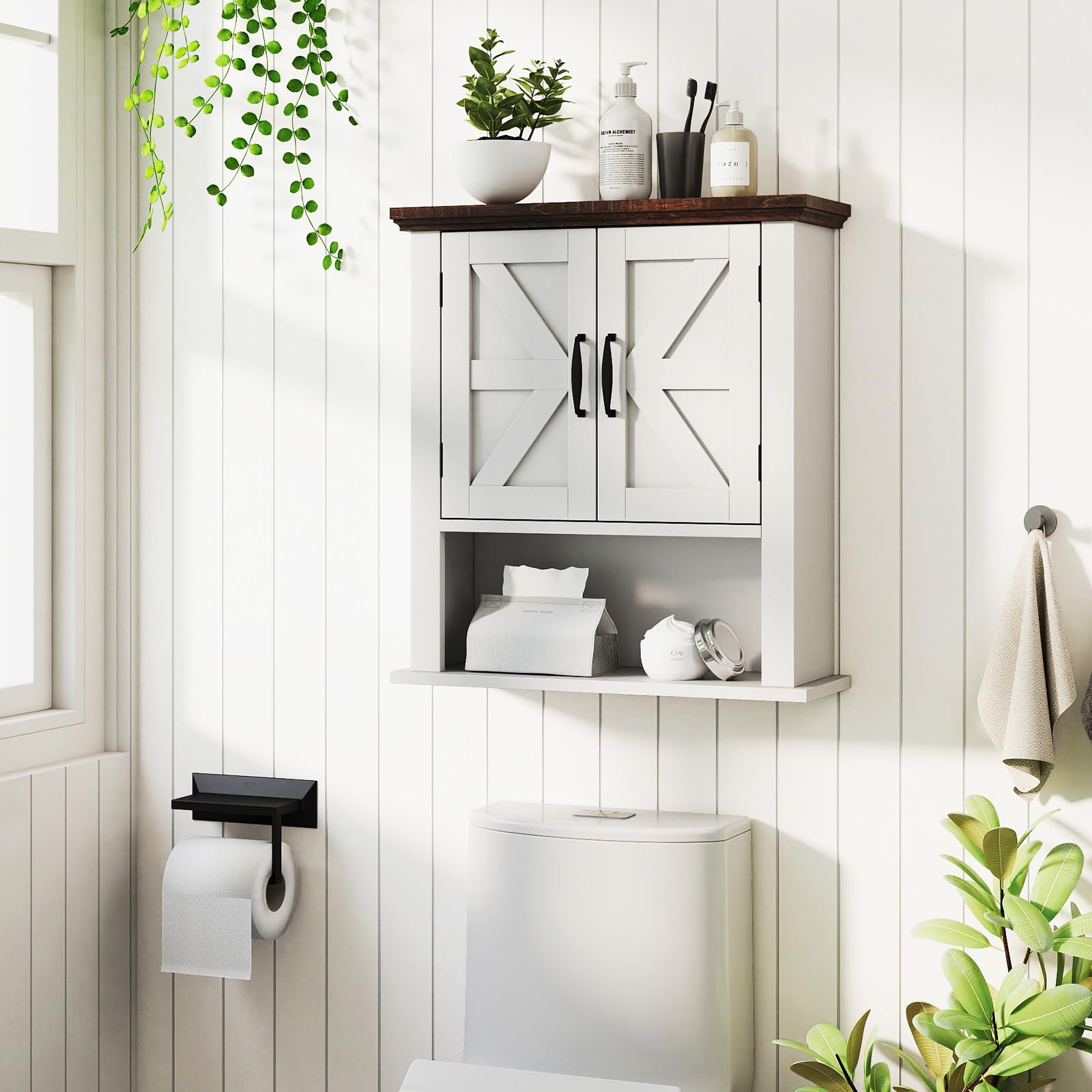 COSTWAY Armoire Murale Salle de Bain, Meuble WC Suspendu avec 2 Portes, Étagère Réglable, Compartiment Ouvert, Style Ferme, Placard de Rangement pour Toilette, Salon, 55 x 19 x 60 cm (Blanc)