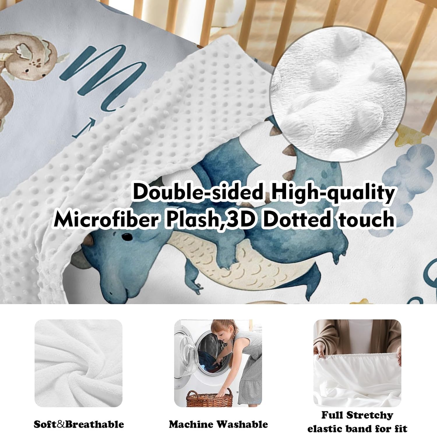 Custom Baby Crib Bedding Set, 5 Pcs Personalized Name Baby Crib Sheets for Kid Toddler Infant, Blue Dinosaurs Nursery Bedding Set