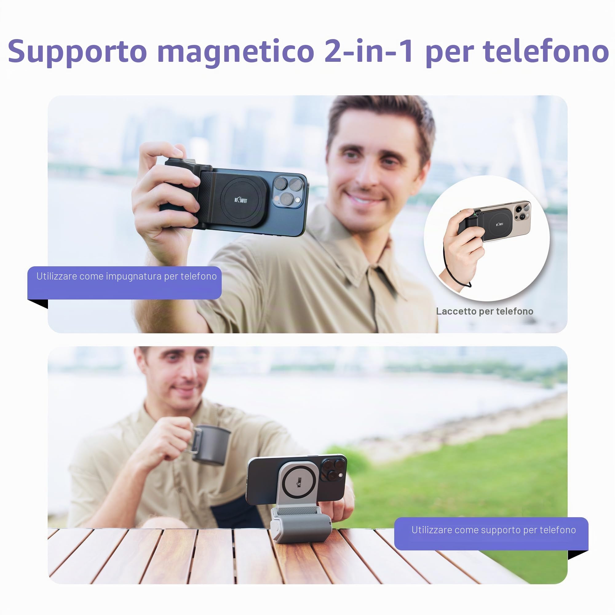 Kiwifotos per iPhone Magsafe Supporto per Fotocamera con Manico Magnetico e Telecomando Bluetooth per iPhone 17 16 15 14 Pro Max Samsung S26 S25 Smartphone Vlog Ripresa Video (Treppiede NON Incluso)