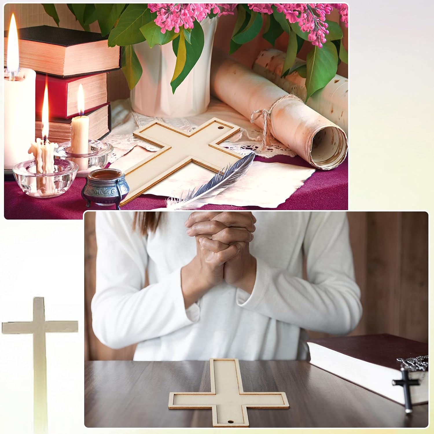 Beeveer 24 Pcs Unfinished Wooden Crosses for Crafts Unpainted Large Blank Wooden Layered Cross for Sunday School Crafts DIY Easter Projects Church Home Wall Decoration with String (5 x 3.62 Inch)