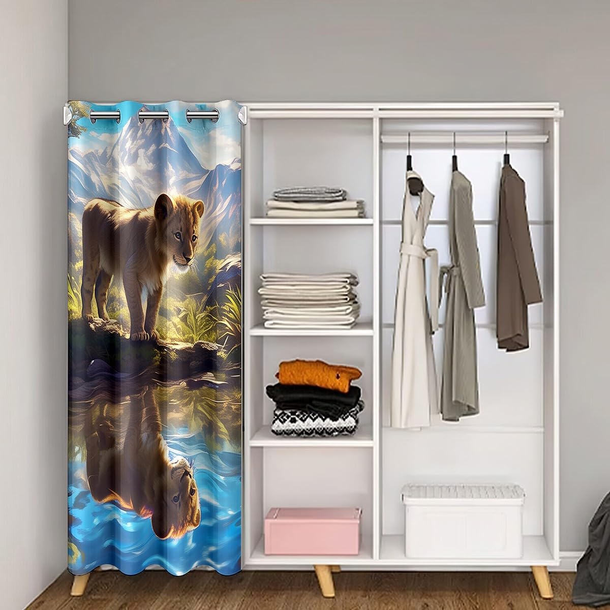 Castle Fairy Cute 3D Lion Door Curtain for Doorways Privacy Natural Landscape Doorway Curtain Tropical African Wild Animal All Season Blackout Curtain Mountain Lake Door Drape, 52" W X 84" L