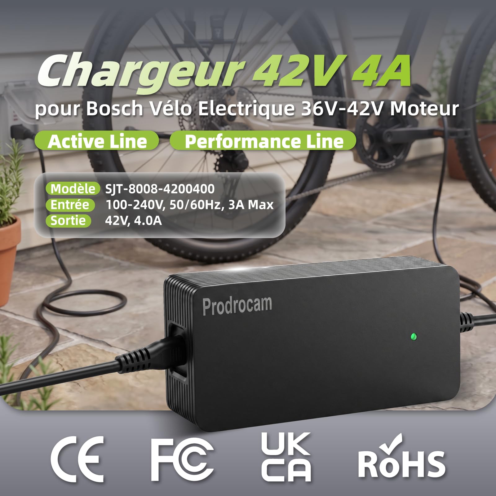 Chargeur 42V 4A pour Bosch Performance/Active Line Vélos | Pour Bosch Vélos Electriques de 36V Moteurs, Pour Batteries PowerPack 400, PowerPack 500, PowerTube 625, PowerTube 750