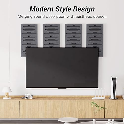 Miniatura 6 de TONOR Paquete de 4 paneles de pared de madera acústica, panel de pared autoadhesivo 3D de 23.6 x 11.8 x 1.9 pulgadas, azulejos insonorizados de tres