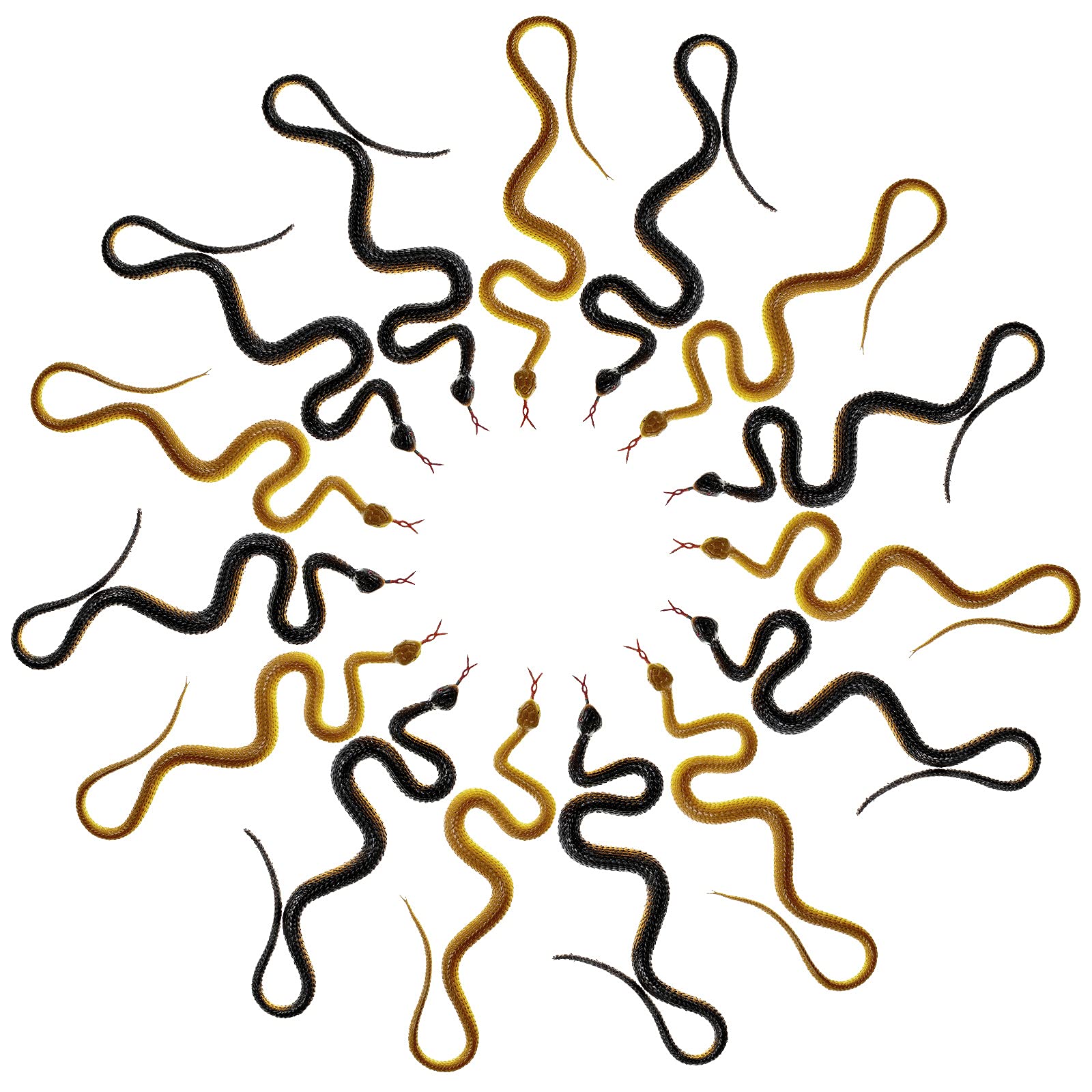 Skylety 15 Pieces Rubber Snakes Realistic Snake 17. 7 Inch Fake Plastic Snake Props for Garden Props to Keep Birds Away, Pranks, Halloween Decoration(Yellow, Black)