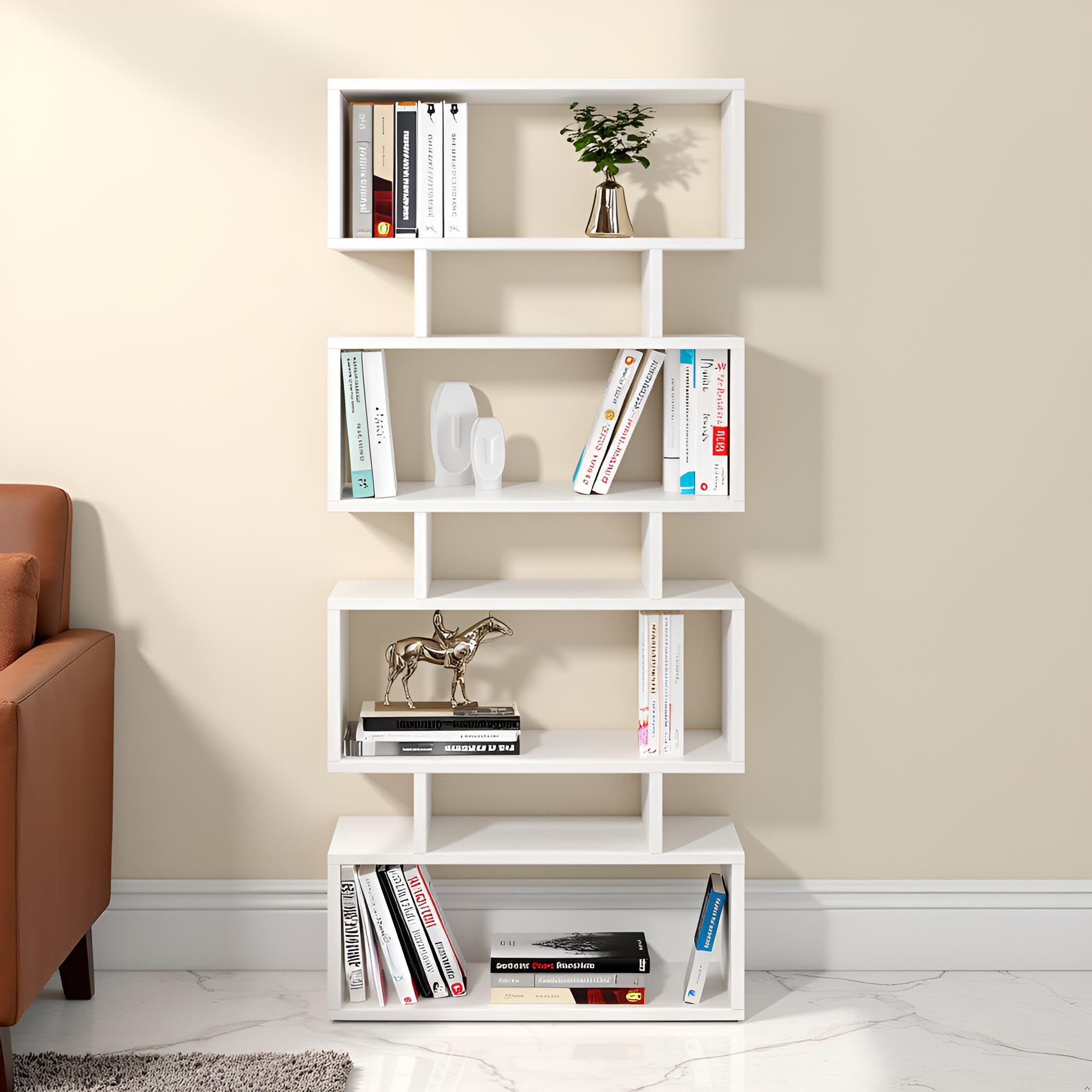 FURNEASER Forrel Modern Zigzag Bookshelf | Engineered Wood 5-Shelf Open Storage & Display Unit for Living Room & Office | Vertical Space-Saving Bookcase (White, 145 x 60 x 25 cm)