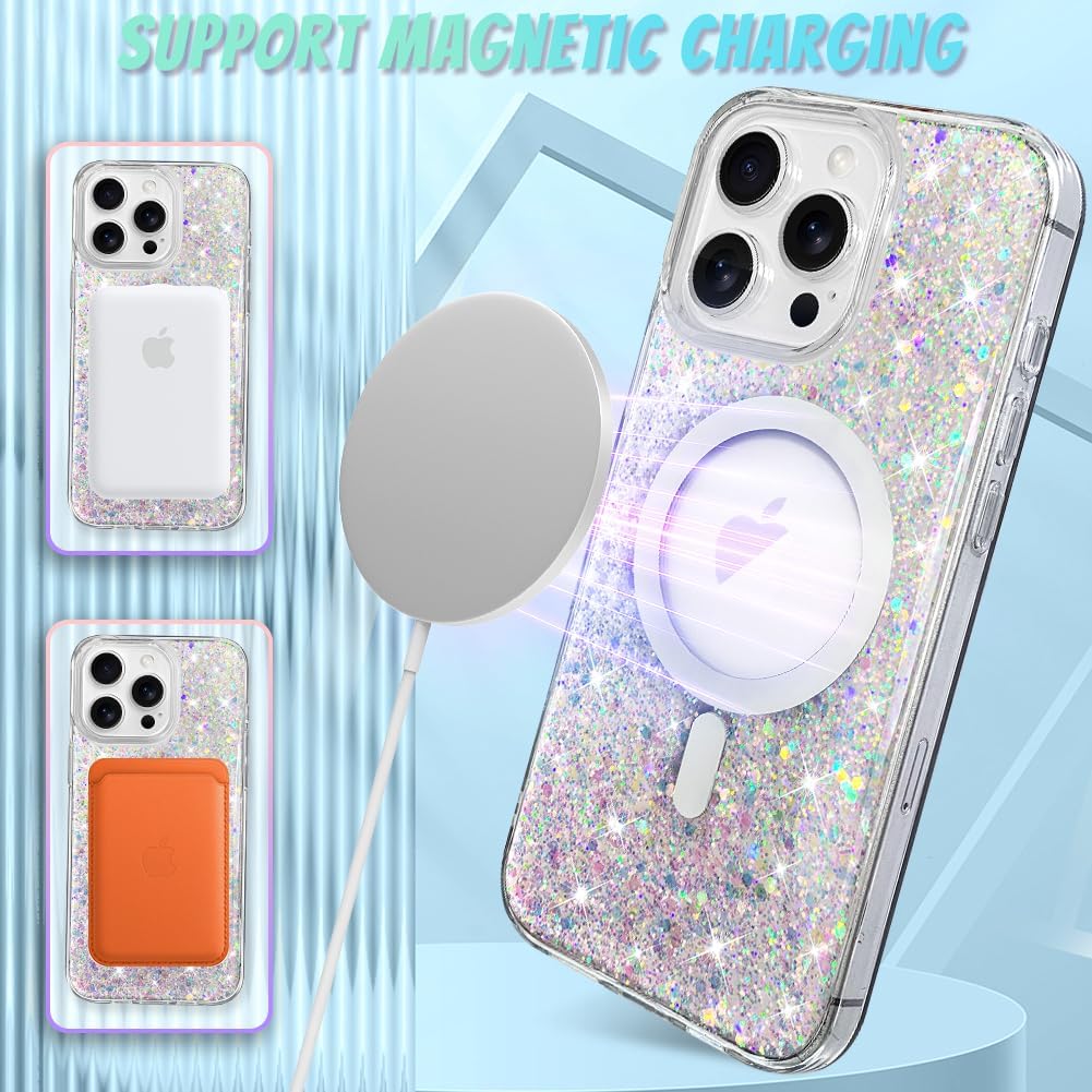 Bonoma for iPhone 16 Pro Max Case Sparkly Glitter Bling Back, Magnetic Support for MagSafe Shockproof, Crystal and Clear High-Duty Protection for Girls Women-Sparkly Glitter - Image 5