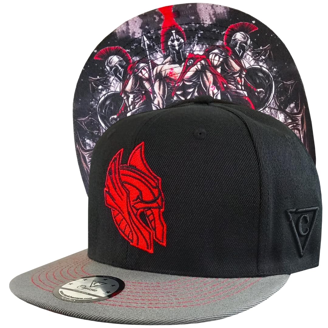 Capiche Gorra Snapback Negra para Hombres, Titans, Béisbol con Visera Plana Gris, Cappy Logo Rojo, Sombrero de Guerrero, Barba Arte Estilo Tatuaje Bajo la Visera, Medieval Esparta
