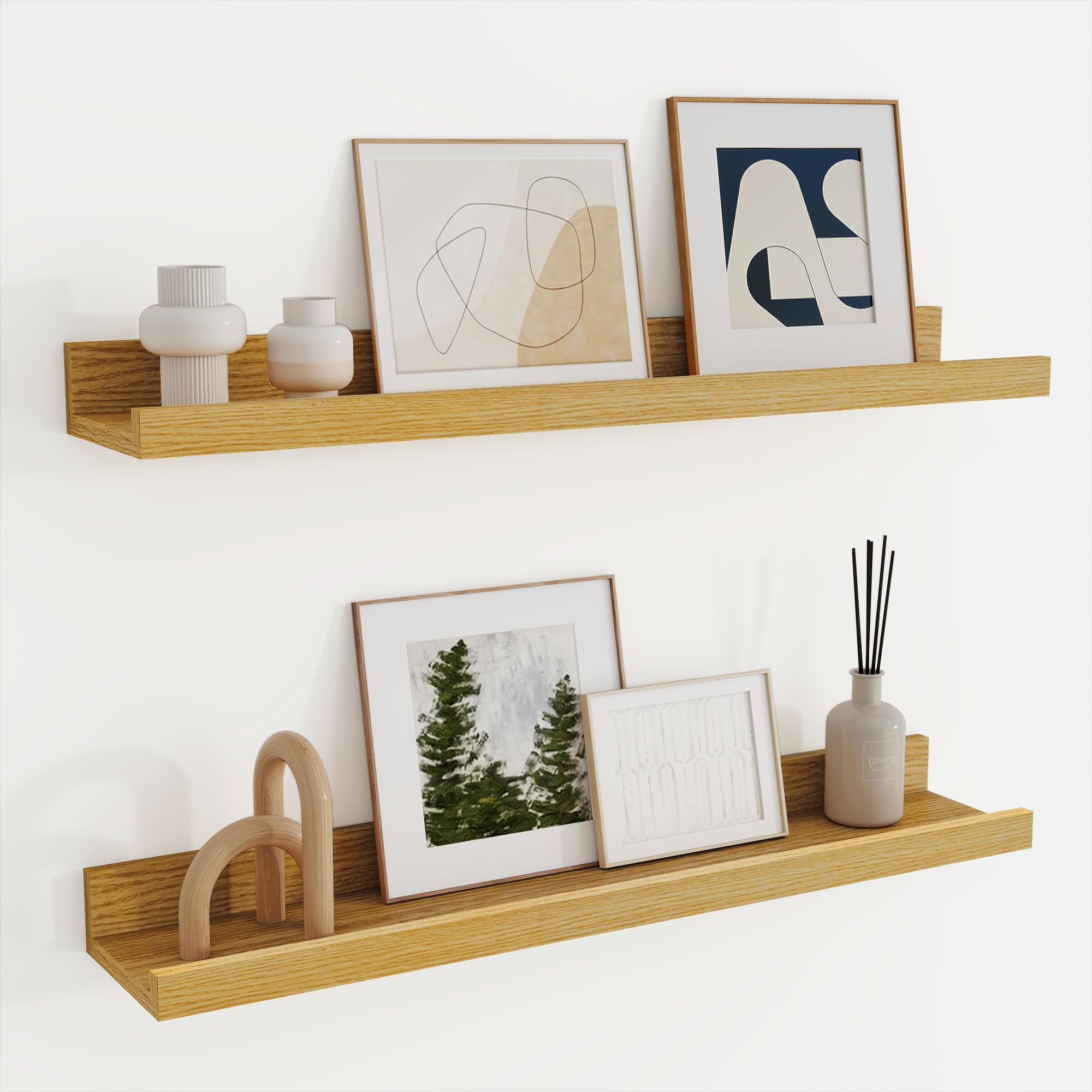 Oak Floating Shelves Set of 2, 60cm Picture Ledge Shelf, Nursery Shelves with Lip for Storage, Kids Bookshelf Wood Wall Mounted Shelves for Living Room Bedroom Studies Decor Books Photo Frames