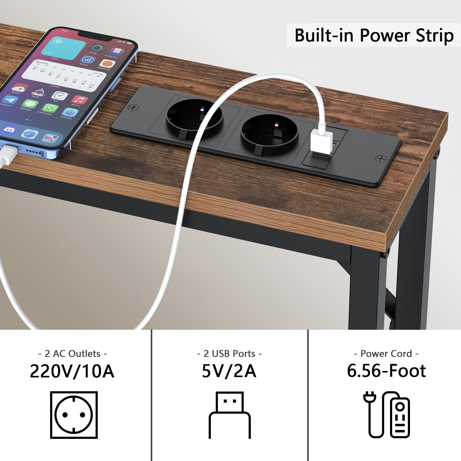 Industriële Console Kast Marmer Zwart GOKHOMX Industriële Consoletafel 180 Cm - Met 2 Stopcontacten & 2 USB-poorten | Smalle Tafel Voor Achter De Bank, Woonkamer Of Hal Sidetable Zwart