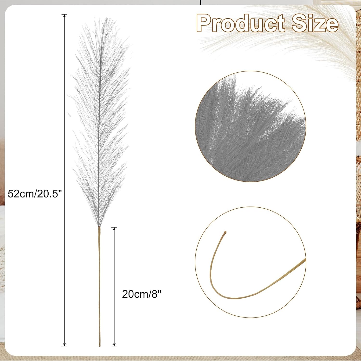 50 Pcs Faux Pampas Grass 52cm/20.5" Dried Pampas Grass, Light Grey HEVERCH 314