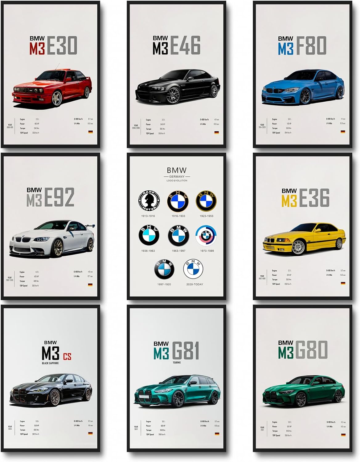 dazongweihan 9pcs Super Car Posters for Boys Room, Racing Car Wall Art for Men Guys, Sports Car Wall Decor, Race Cars Pictures Wall Decor for Bedroom Dorm Man Cave (Unframe,8x12inch) (R1)