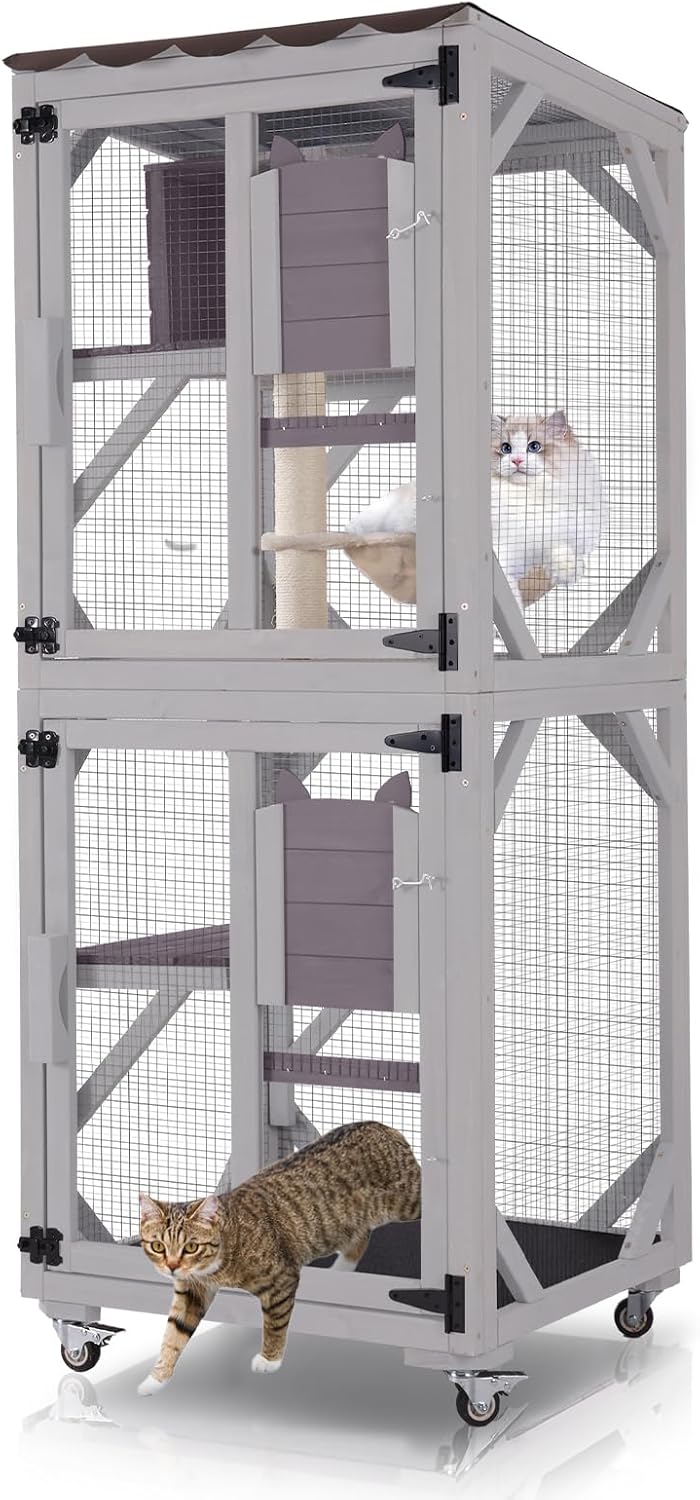 Gutinneen Catio Outdoor Cat Enclosure - 62.5" Large Walk in Cat Cage on Wheels, Multi-Level Kitty House with Cat Scratching Post, PVC Layer, and Waterproof Roof