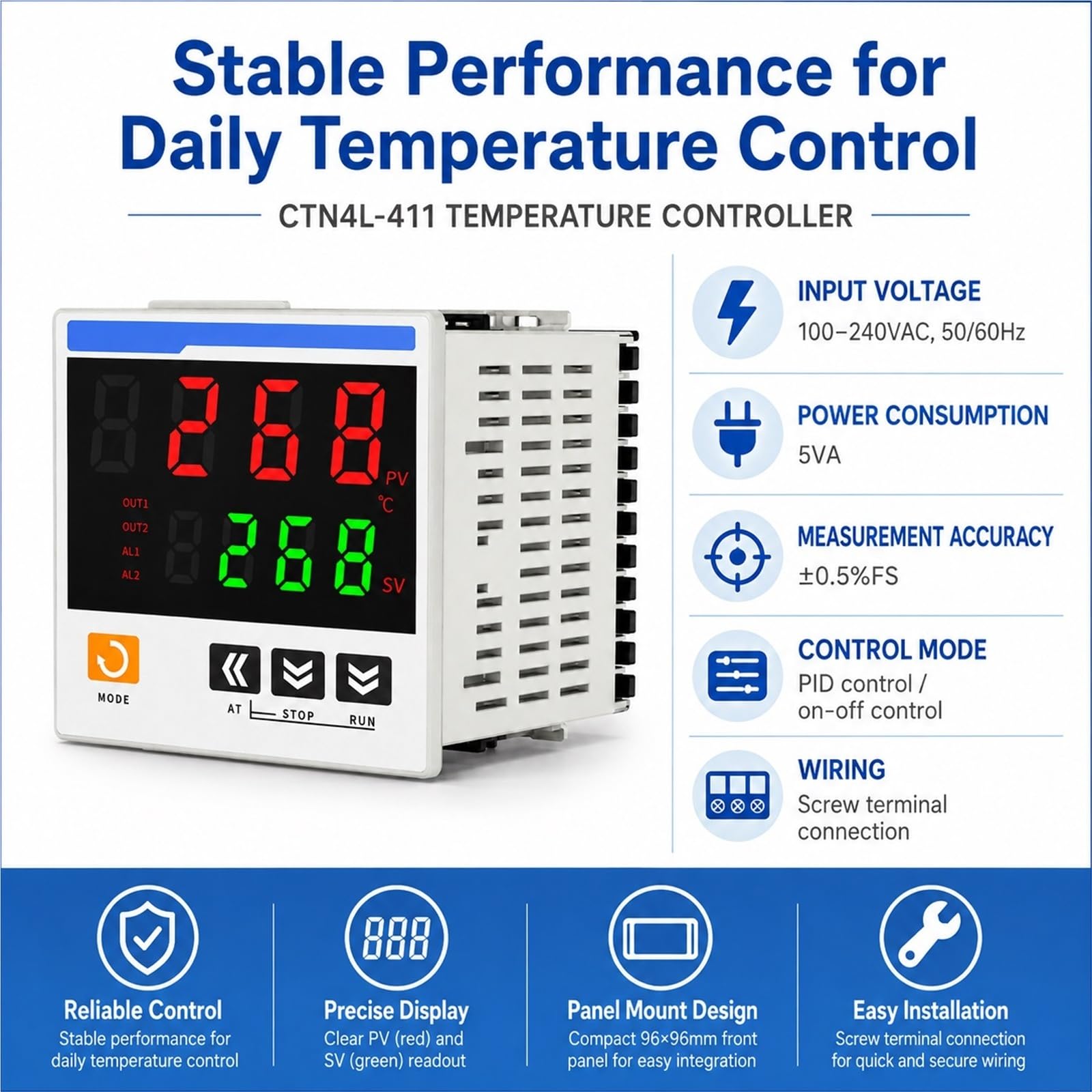 CTN4L-411 Controlador de Temperatura Digital PID Inteligente 96x96 mm Termostato con Pantalla Dual Entrada Universal K E J L T R S PT100 CU50 Salida de Relé SSR(CTN4L-43A1R)