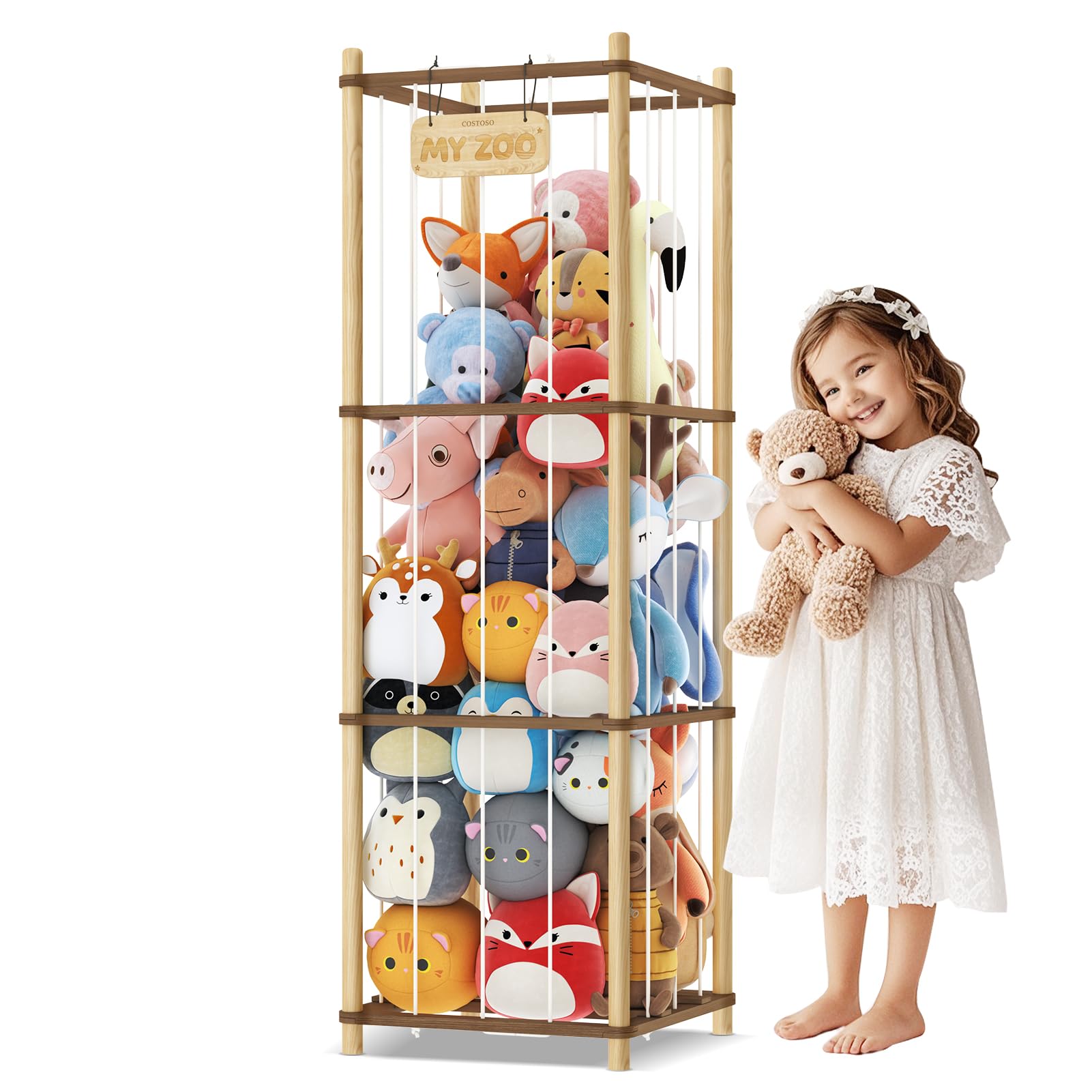 Stuffed Animal Storage, Two-Tone Wood Toy Storage, Space Save Zoo Toy Organizer, Large Capacity Stuffed Animal Holder for Toddler, Gift for Playroom Bedroom Nursery, CA-WJ1