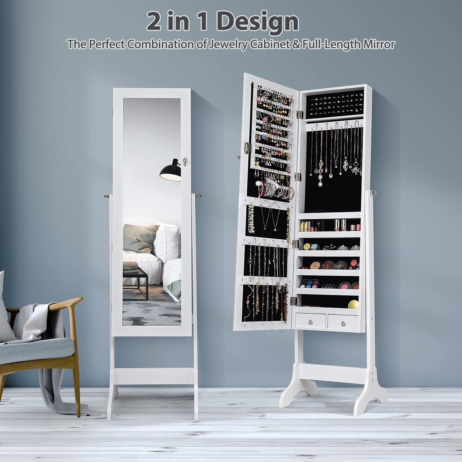 COSTWAY Standing Jewelry Armoire Cabinet, 4-Angle Tilting Jewelry Organizer with Full-length Mirror and Large Storage Capacity, Lockable Jewelry Cabinet for Bedroom, Dressing Room (White)