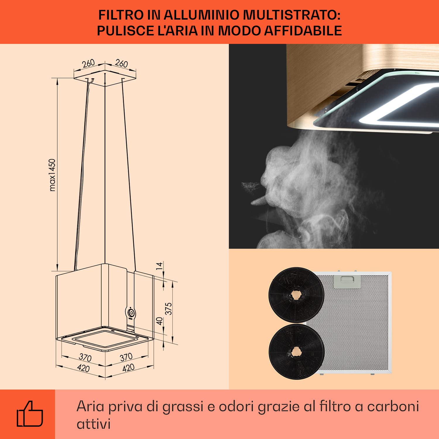 Klarstein Futurelight Smart - Cappa Aspirante, Funzione di Ricircolo con una Potenza Aspirante di 420m³/h, Cappa a Isola con Illuminazione a LED, Acciaio Inox, Oro
